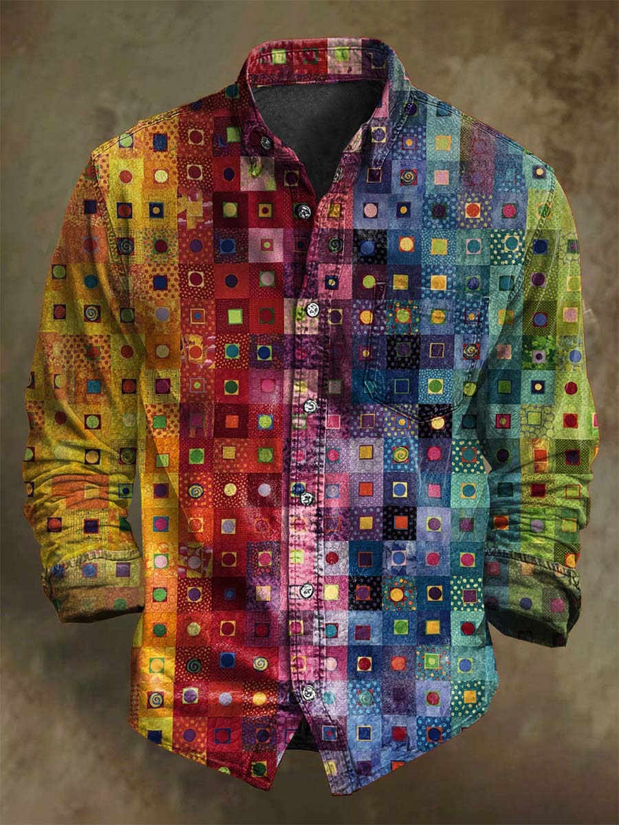 Chemise décontractée à manches longues avec motif plaid abstrait coloré
