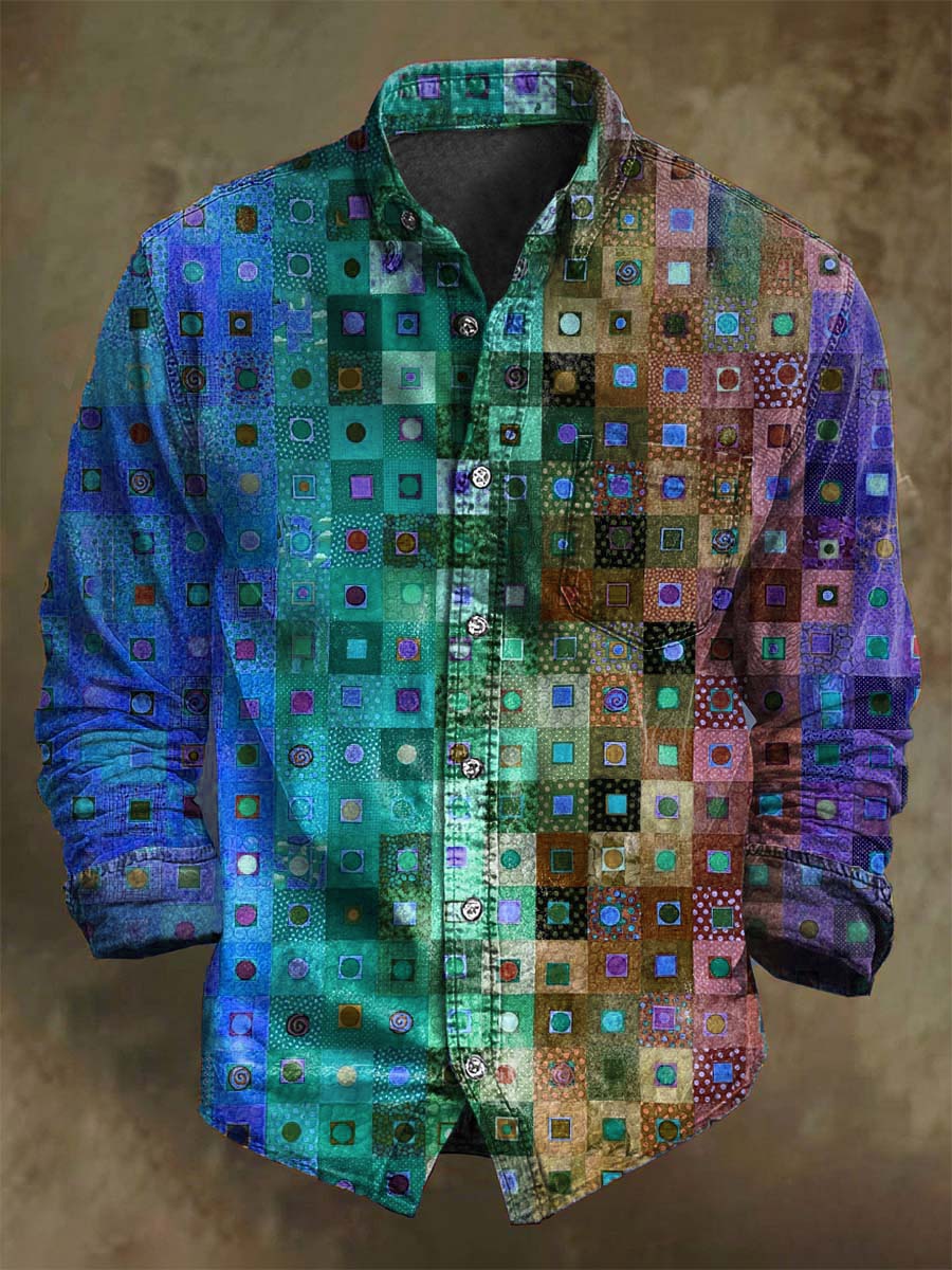 Chemise décontractée à manches longues avec motif plaid abstrait coloré