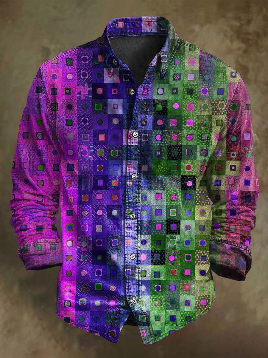 Chemise décontractée à manches longues avec motif plaid abstrait coloré