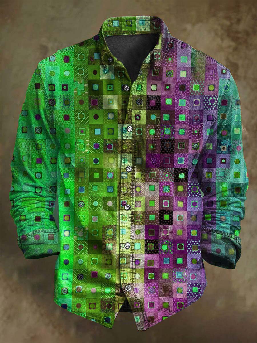 Chemise décontractée à manches longues avec motif plaid abstrait coloré
