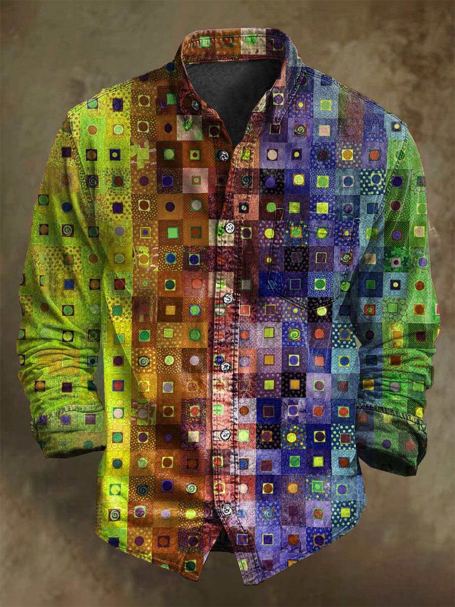 Chemise décontractée à manches longues avec motif plaid abstrait coloré