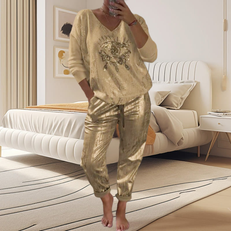 Ensemble Femme 2 Pièces : Top en Feuille d'Or et Pantalon à Paillettes Devil's Eye