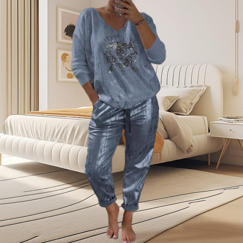 Ensemble Femme 2 Pièces : Top en Feuille d'Or et Pantalon à Paillettes Devil's Eye