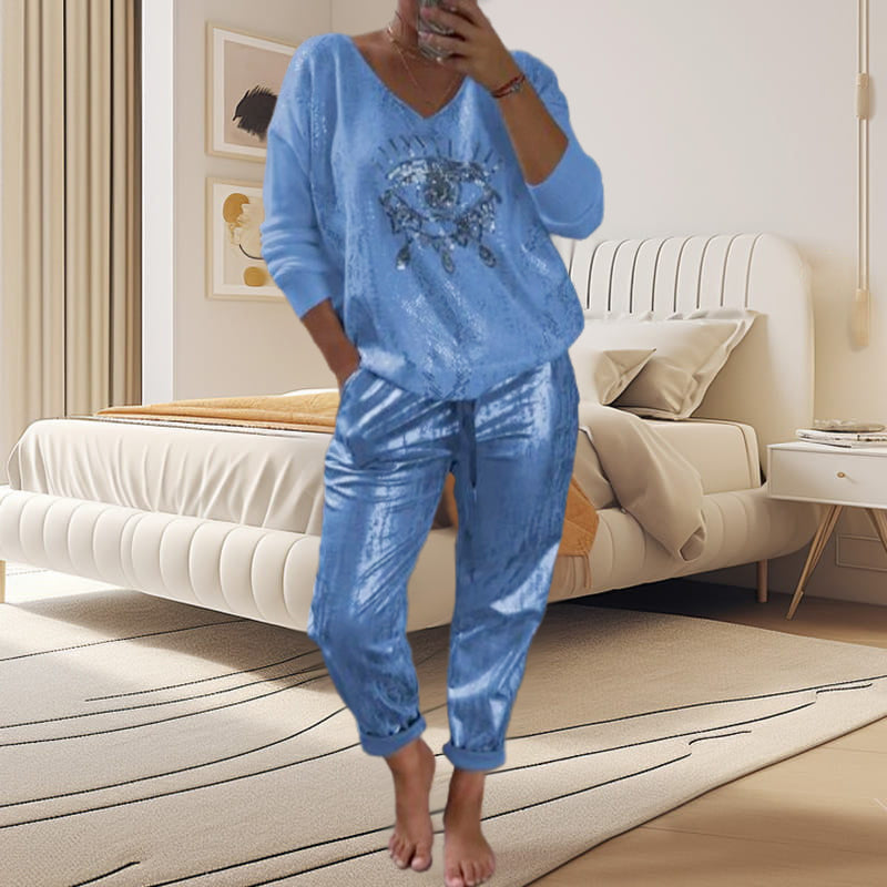 Ensemble Femme 2 Pièces : Top en Feuille d'Or et Pantalon à Paillettes Devil's Eye