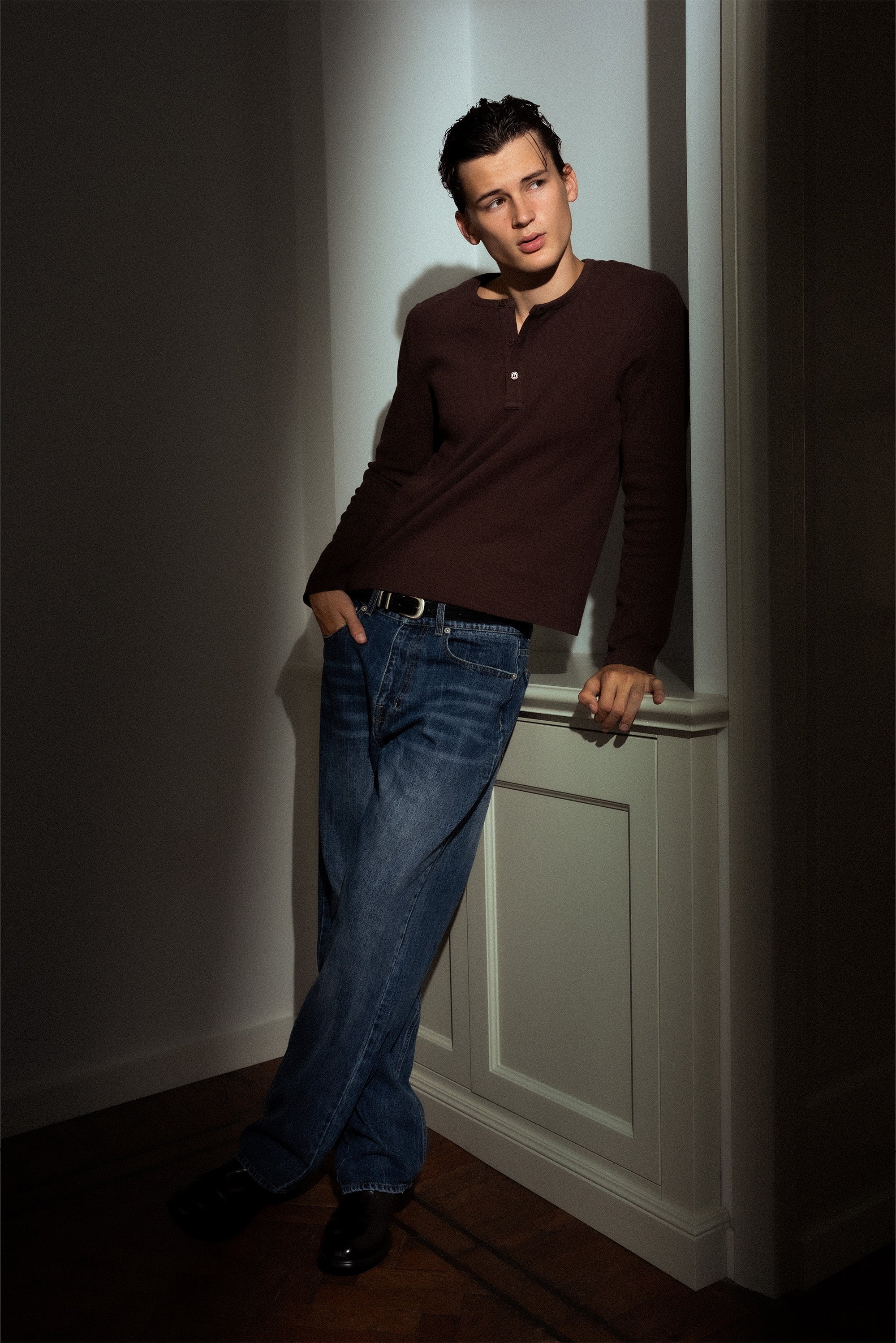 Chemise Henley Côtelée | Marron Foncé