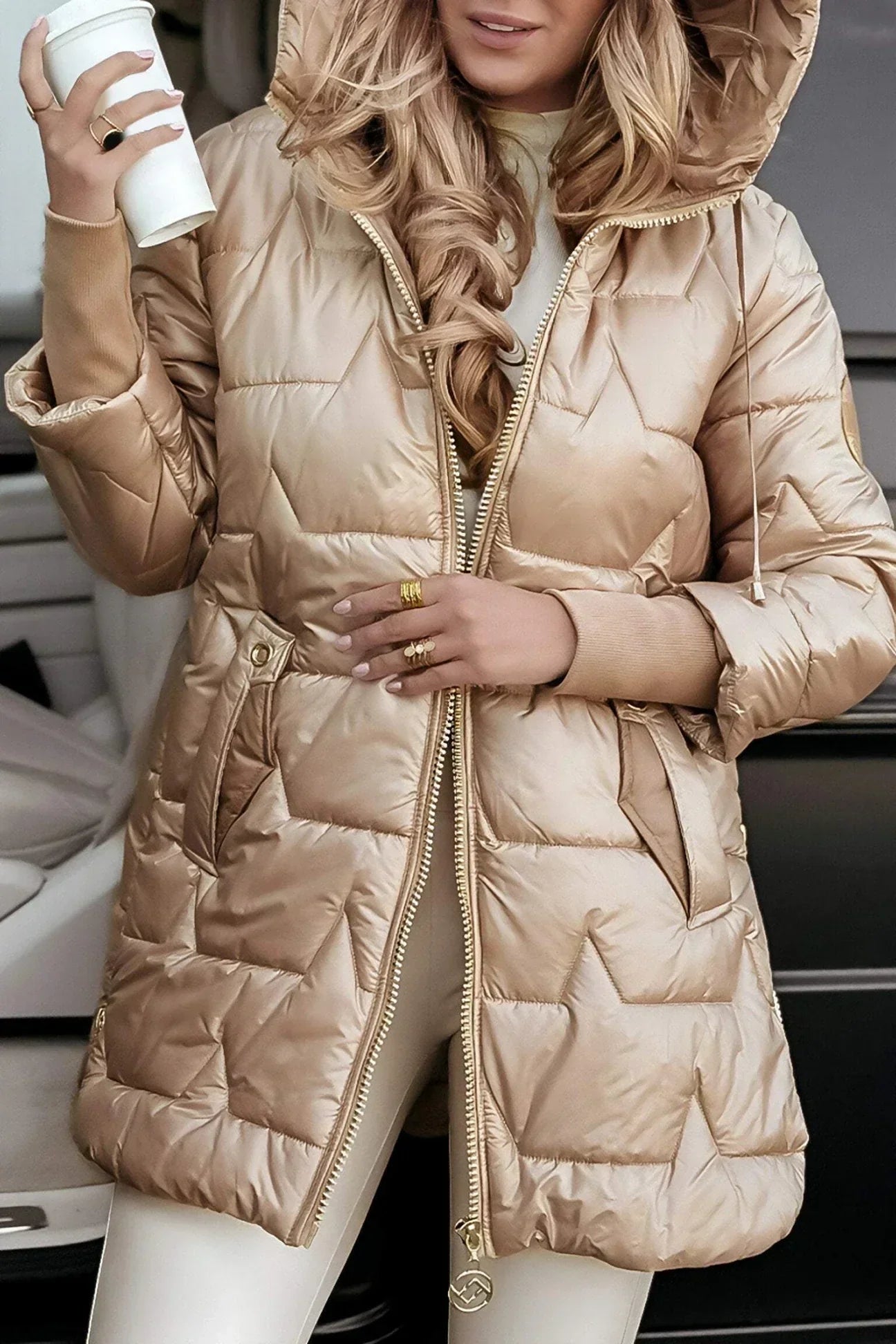 Lina | Long Warm Quilted Jacket with Oversized Hood