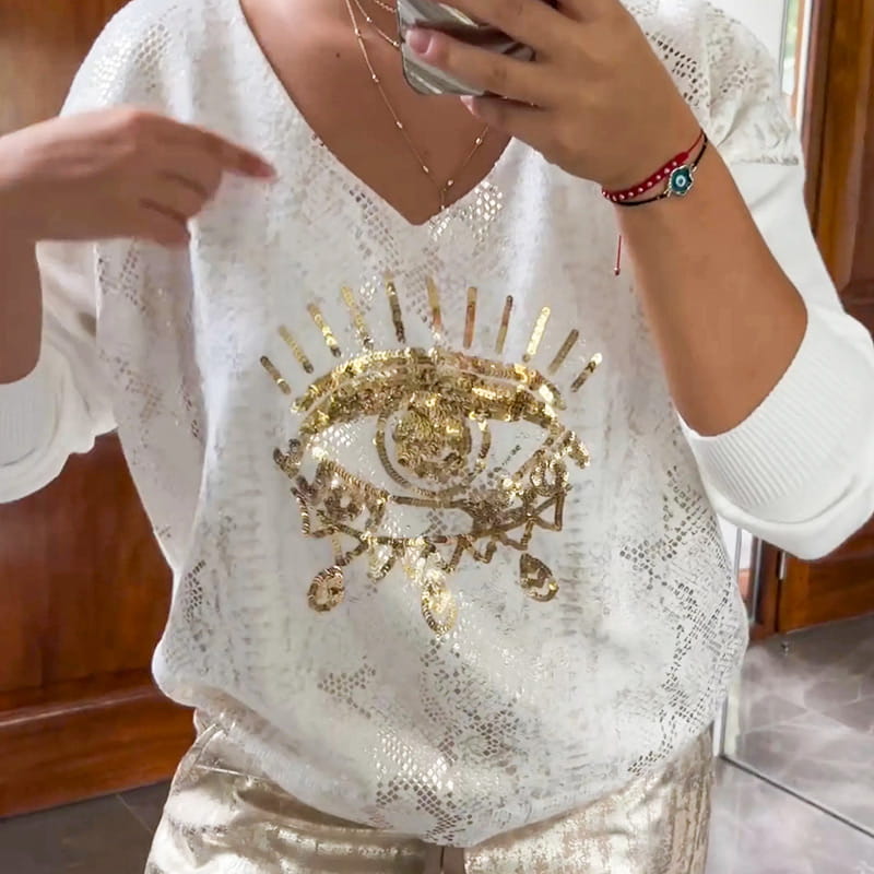 Ensemble Femme 2 Pièces : Top en Feuille d'Or et Pantalon à Paillettes Devil's Eye