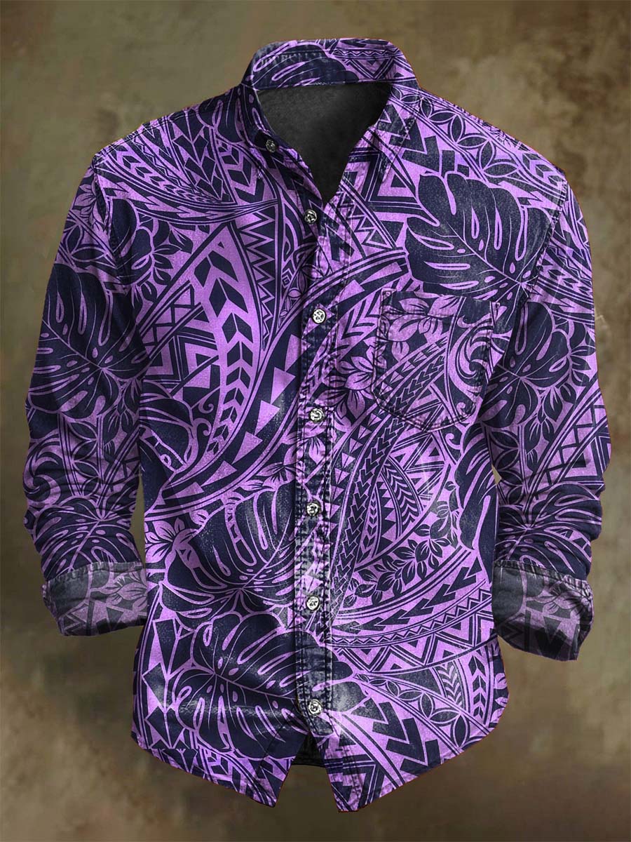 Chemise décontractée à manches longues avec motif floral hawaïen