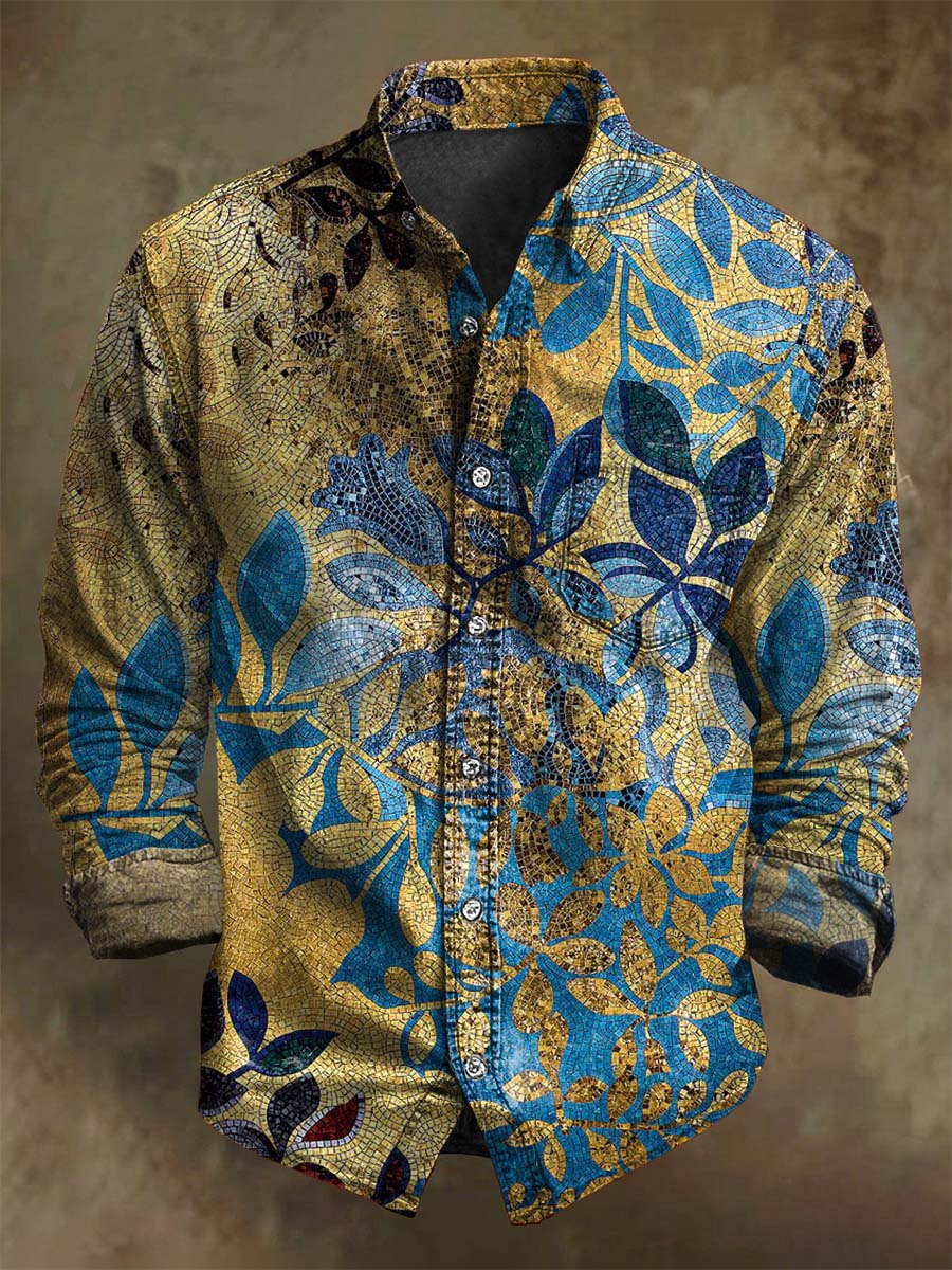 Chemise décontractée à manches longues avec motif floral abstrait vintage