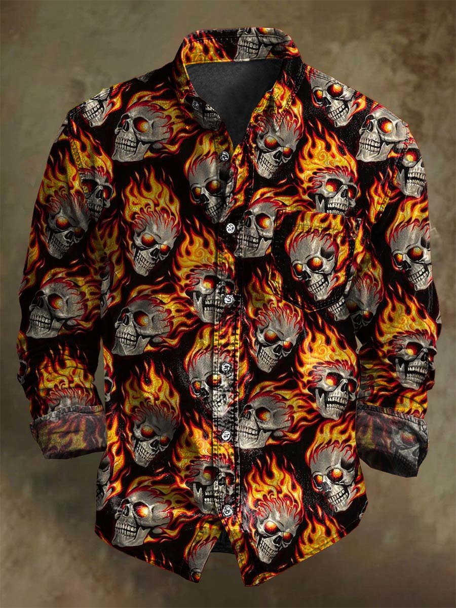 Chemise décontractée à manches longues avec motif de crâne enflammé pour Halloween