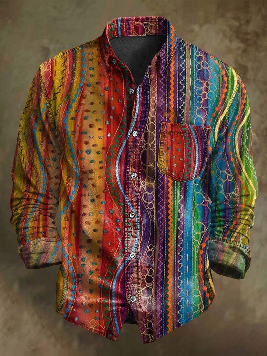 Chemise vintage à manches longues avec rayures colorées irrégulières