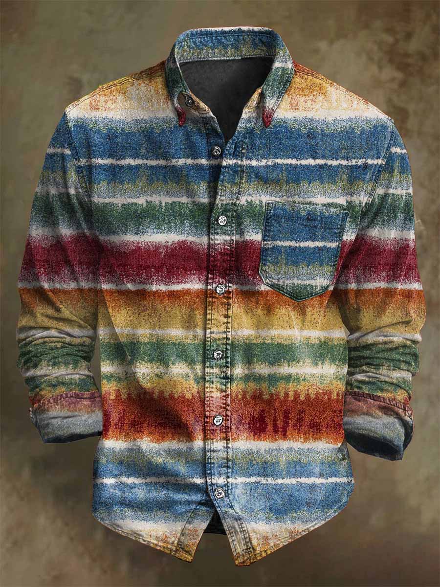 Chemise décontractée à manches longues avec motif de rayures vintage colorées