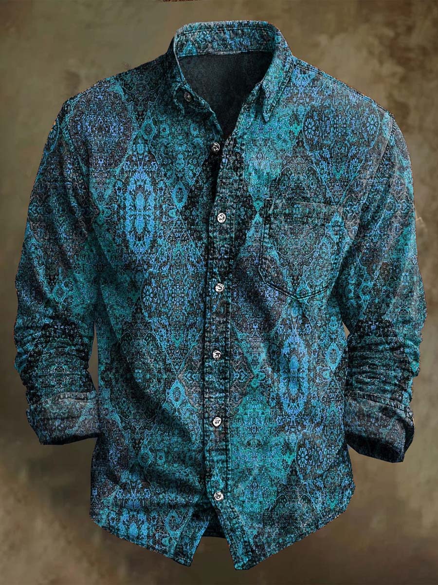 Chemise décontractée à manches longues avec motif floral vintage irrégulier