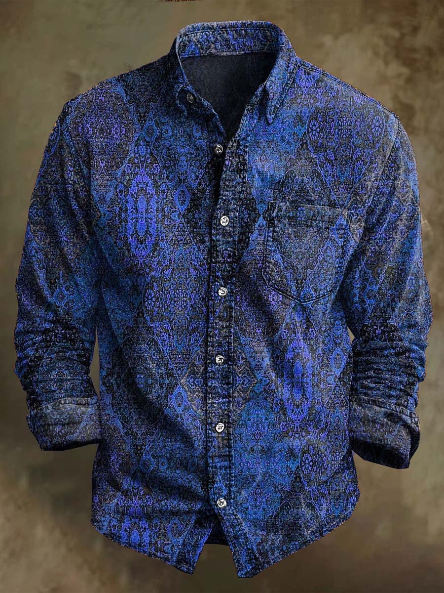 Chemise décontractée à manches longues avec motif floral vintage irrégulier