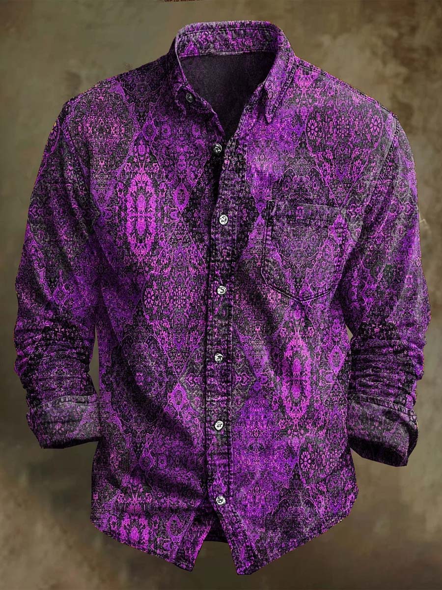 Chemise décontractée à manches longues avec motif floral vintage irrégulier