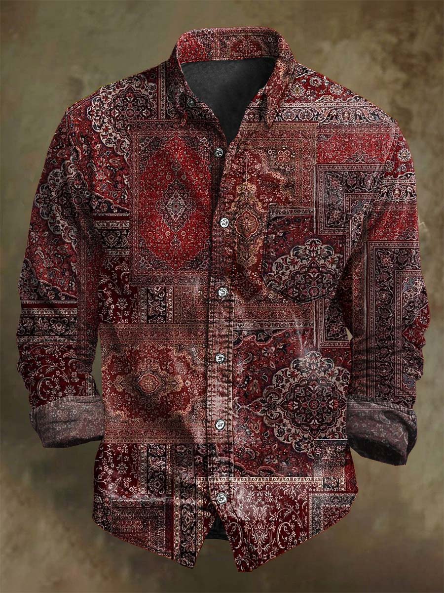 Chemise décontractée à manches longues au motif ethnique vintage