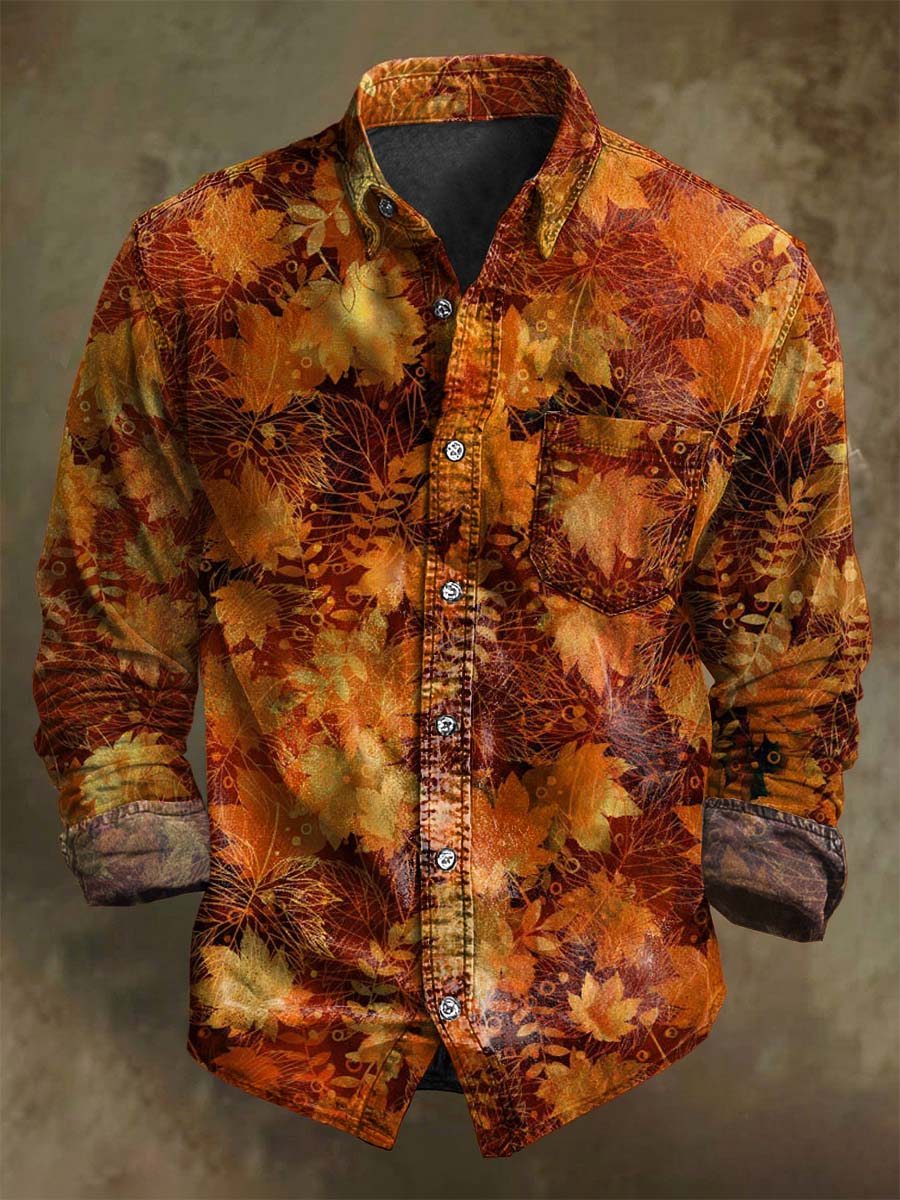 Chemise décontractée à manches longues avec motif vintage de feuilles d'érable