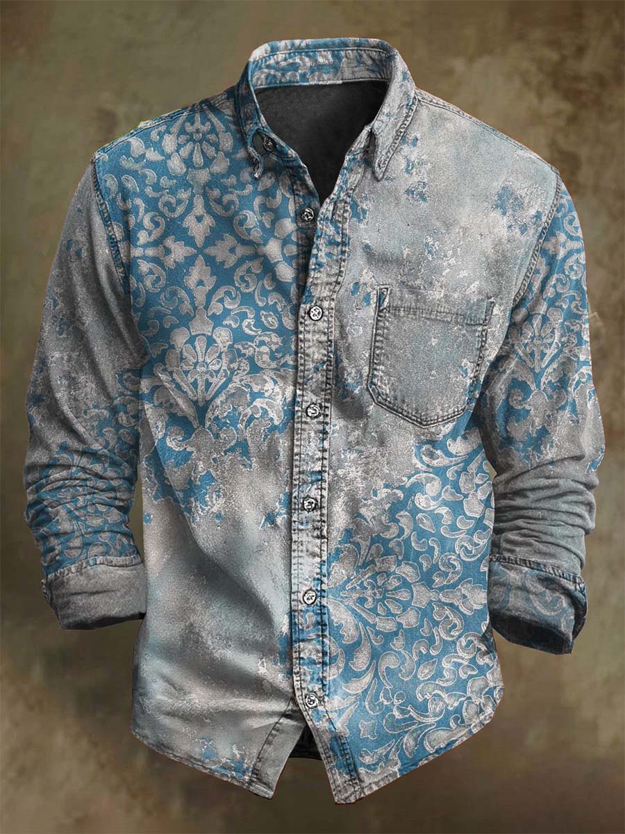 Chemise vintage à manches longues en patchwork floral irrégulier