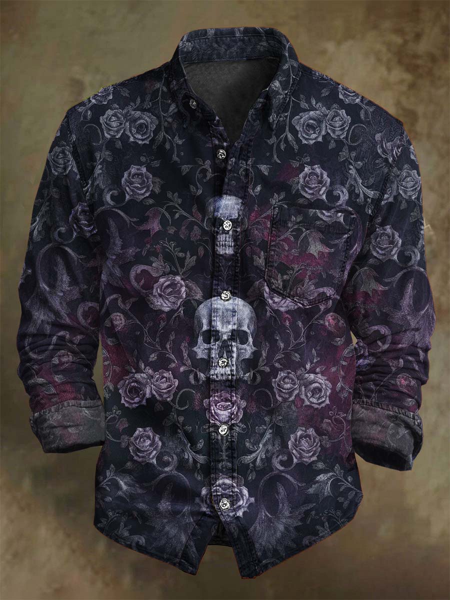 Chemise décontractée à manches longues avec motif de crâne de rose vintage