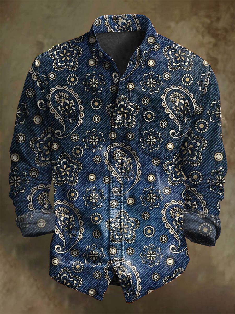 Chemise décontractée à manches longues avec motif floral vintage en cajou