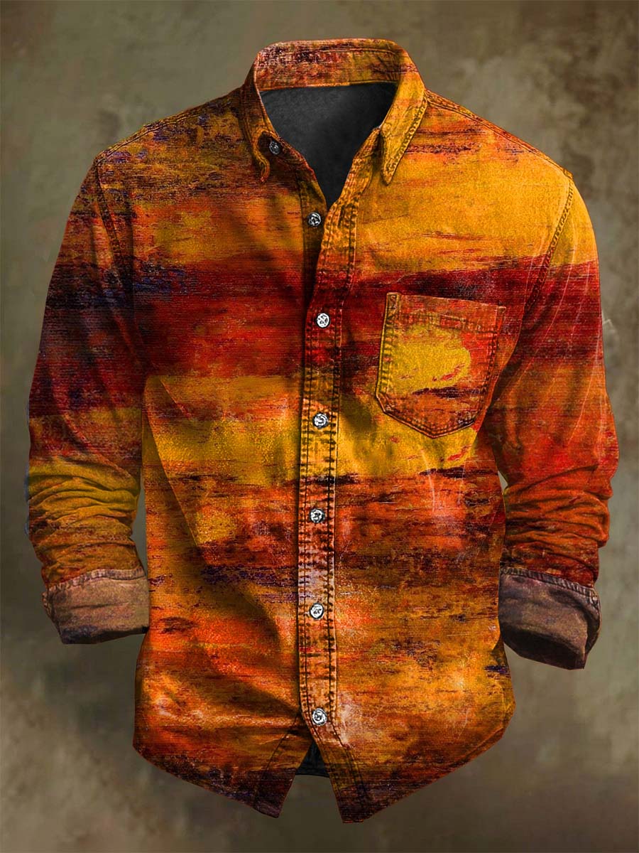 Chemise Décontractée à Manches Longues avec Impression d'Art Abstrait en Conflit de Couleurs