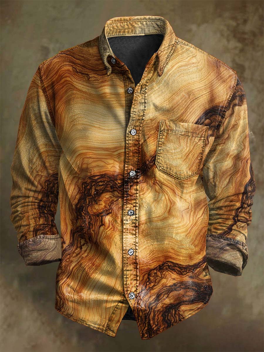 Chemise décontractée à manches longues au motif vintage en bois abstrait