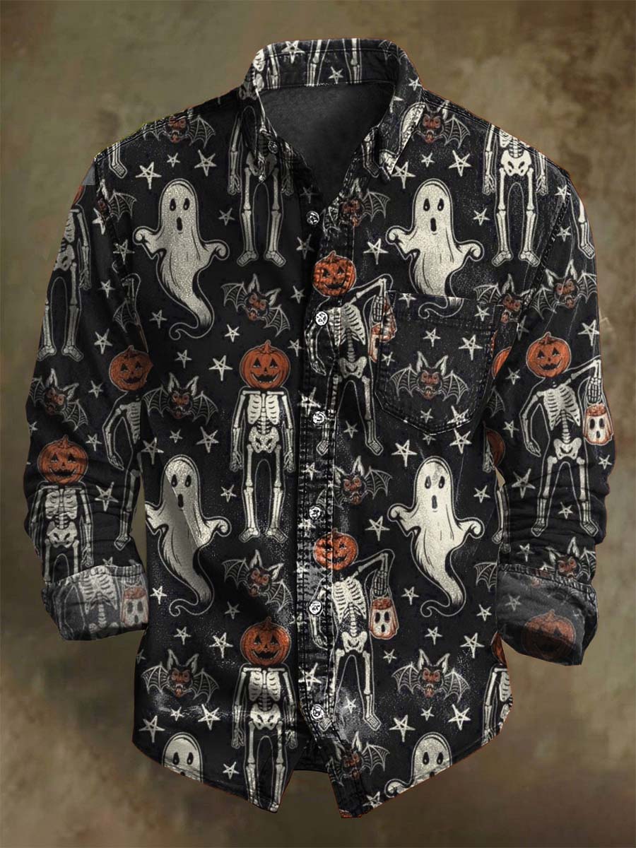 T-shirt long à manches avec motif de crâne et fantôme pour Halloween