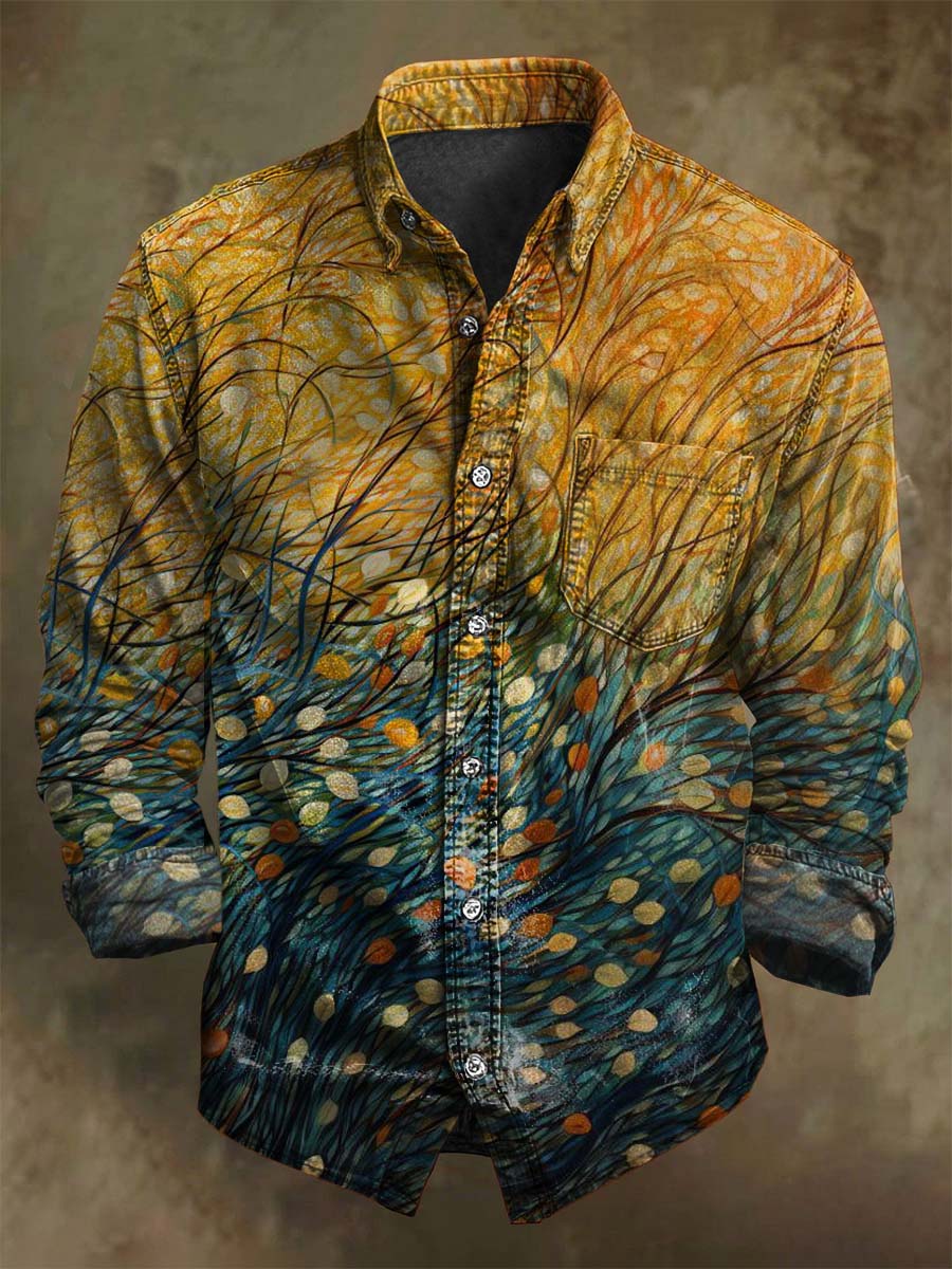 Chemise Décontractée à Manches Longues avec Impression d'Art Abstrait en Dégradé