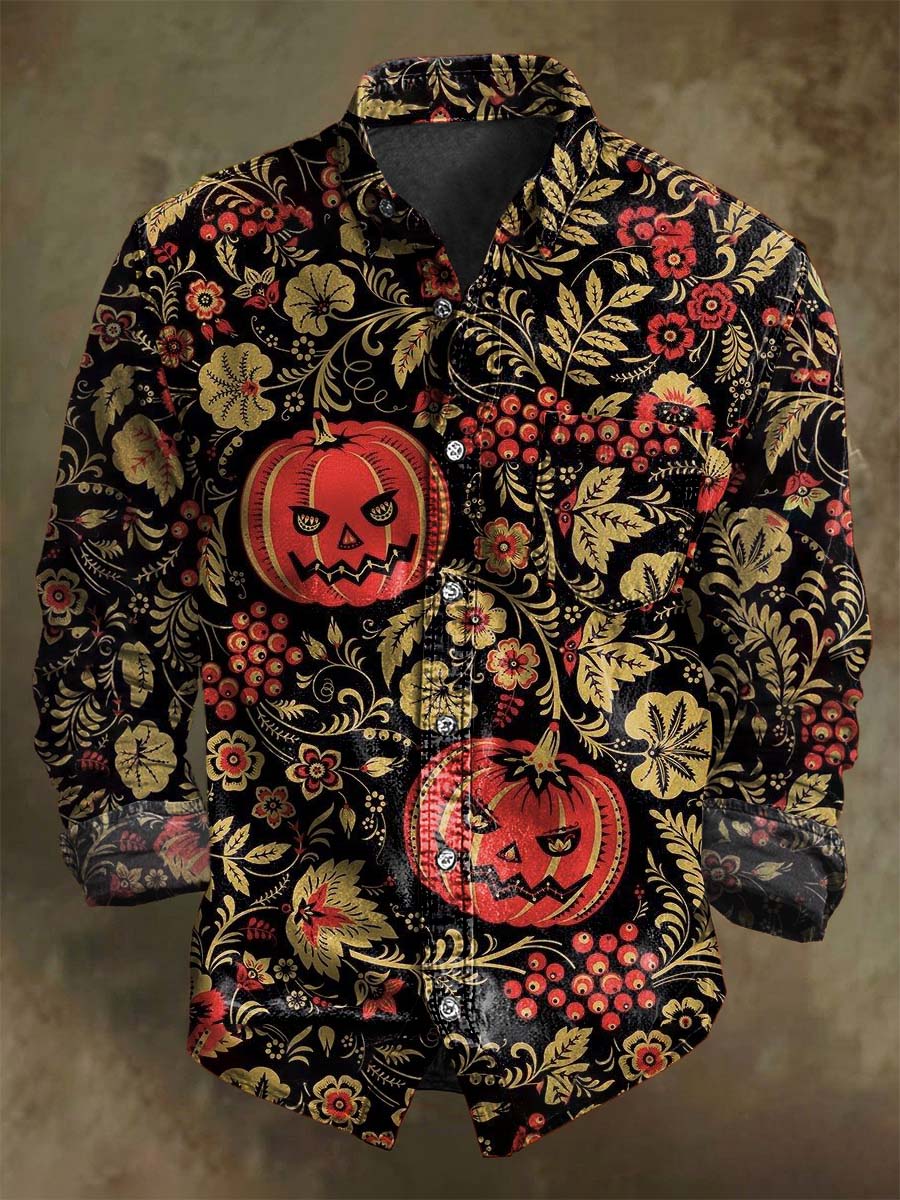 Chemise décontractée à manches longues avec imprimé vintage de citrouilles d'Halloween