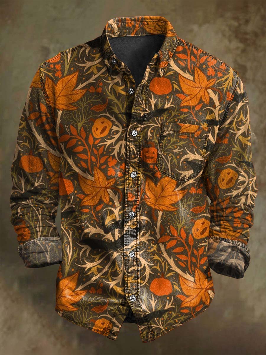 Chemise décontractée à manches longues avec motifs de citrouille, chauve-souris et feuille d'érable pour Halloween