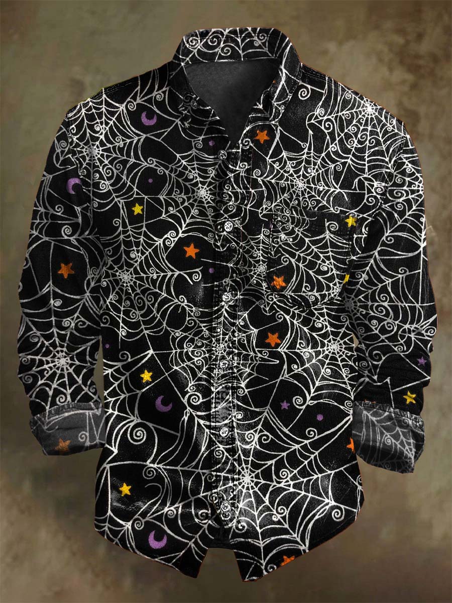 Chemise décontractée à manches longues avec motif Halloween en toile d'araignée