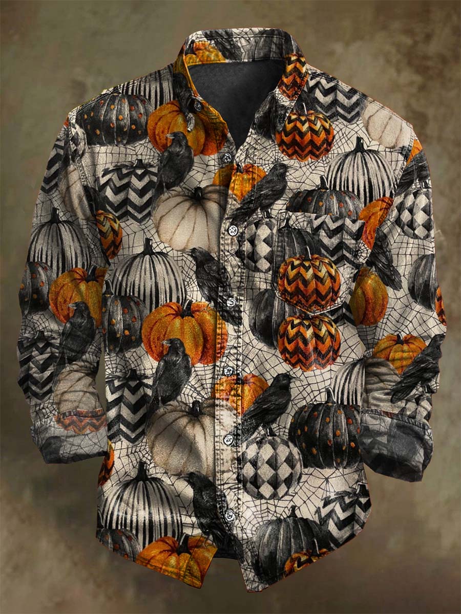 T-shirt long à manches avec motif de citrouille d'Halloween et corbeau