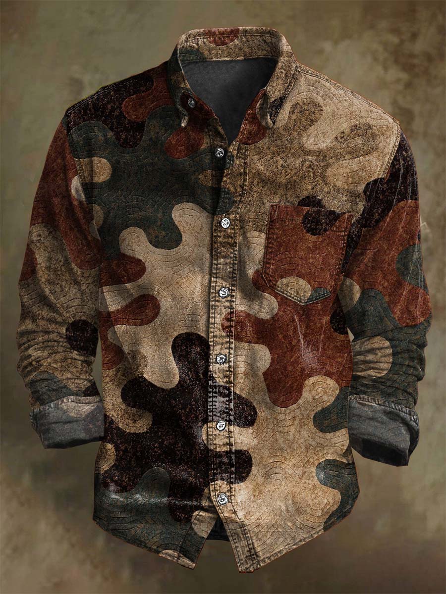 Chemise décontractée à manches longues avec motif de puzzle aux teintes vintage