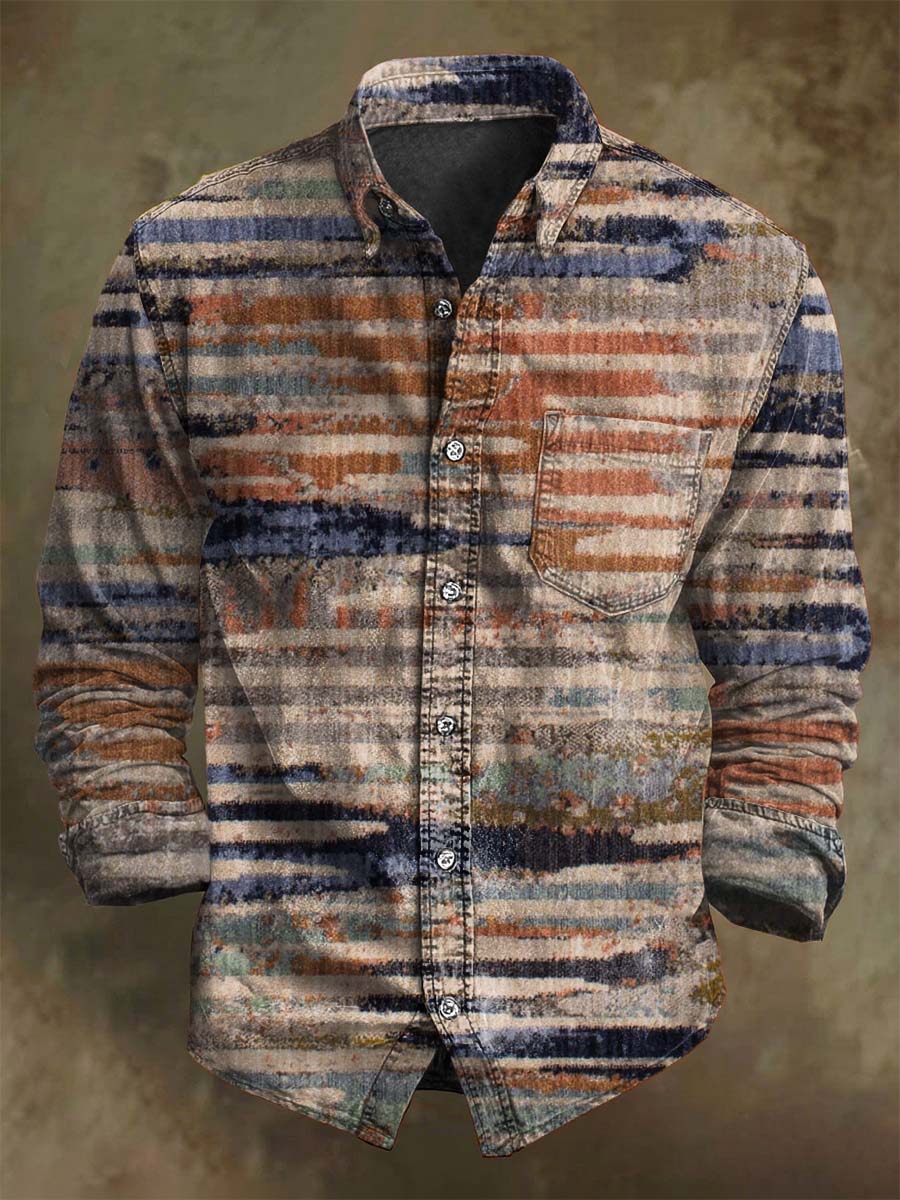 Chemise à rayures vintage décontractée à manches longues avec contraste de couleurs