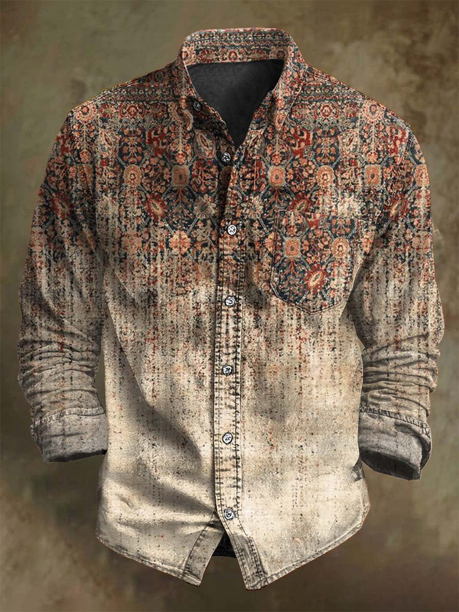 Chemise décontractée à manches longues avec motif floral dégradé vintage