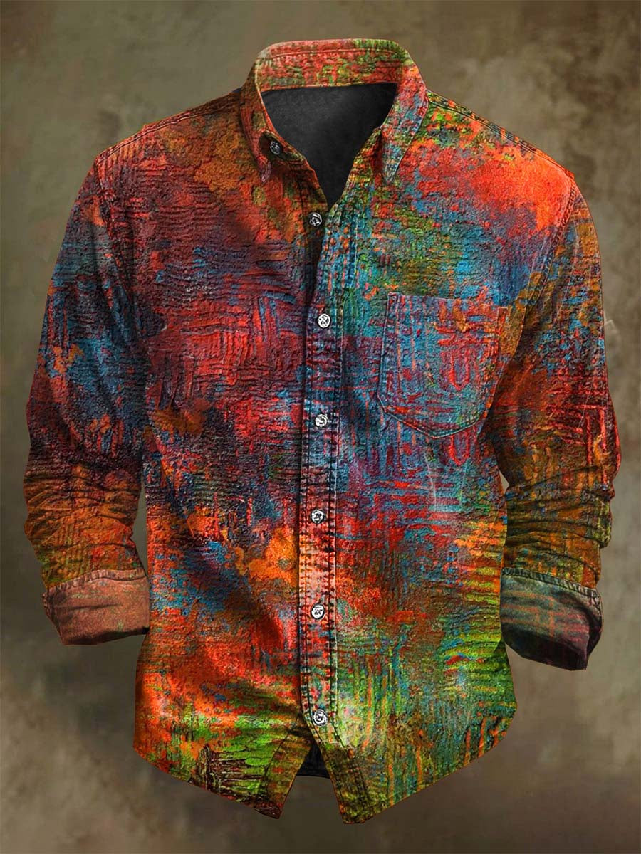 Chemise Décontractée à Manches Longues - Impression Abstraite de Conflits de Couleurs