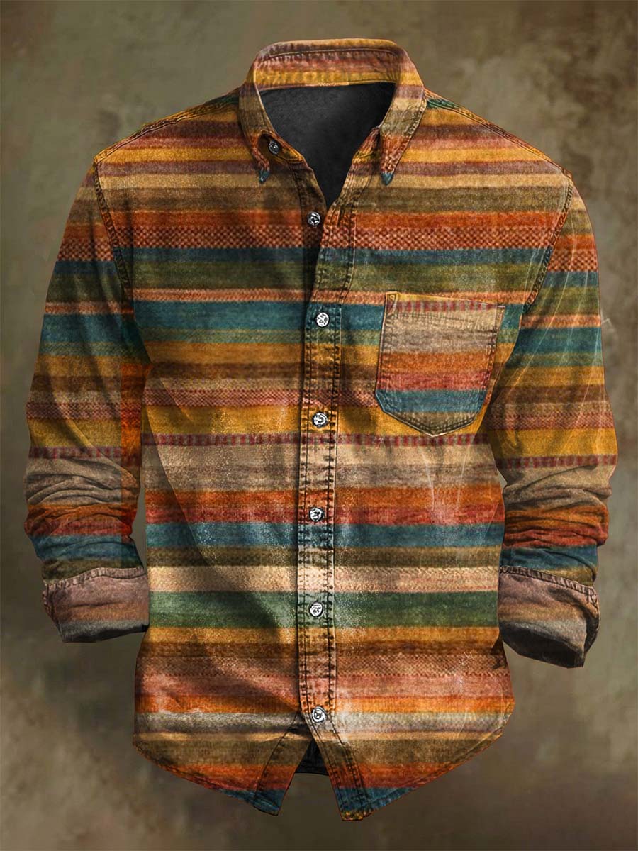 Chemise décontractée à manches longues avec motifs de rayures vintage colorées