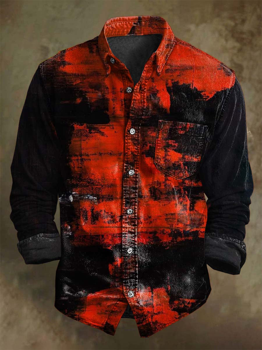Chemise Décontractée à Manches Longues avec Impression Abstraite de Conflit de Couleurs