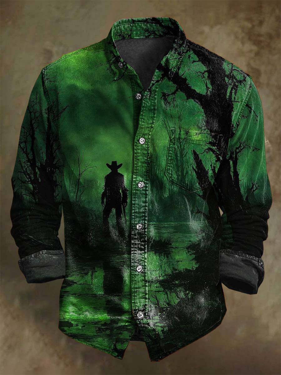 Chemise décontractée à manches longues imprimée Western Cowboy pour Halloween