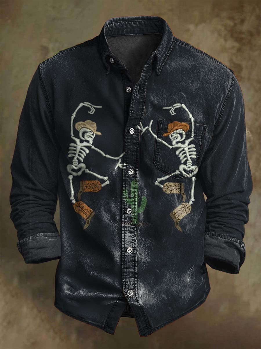 Chemise décontractée à manches longues avec motif de crâne de cowboy pour Halloween