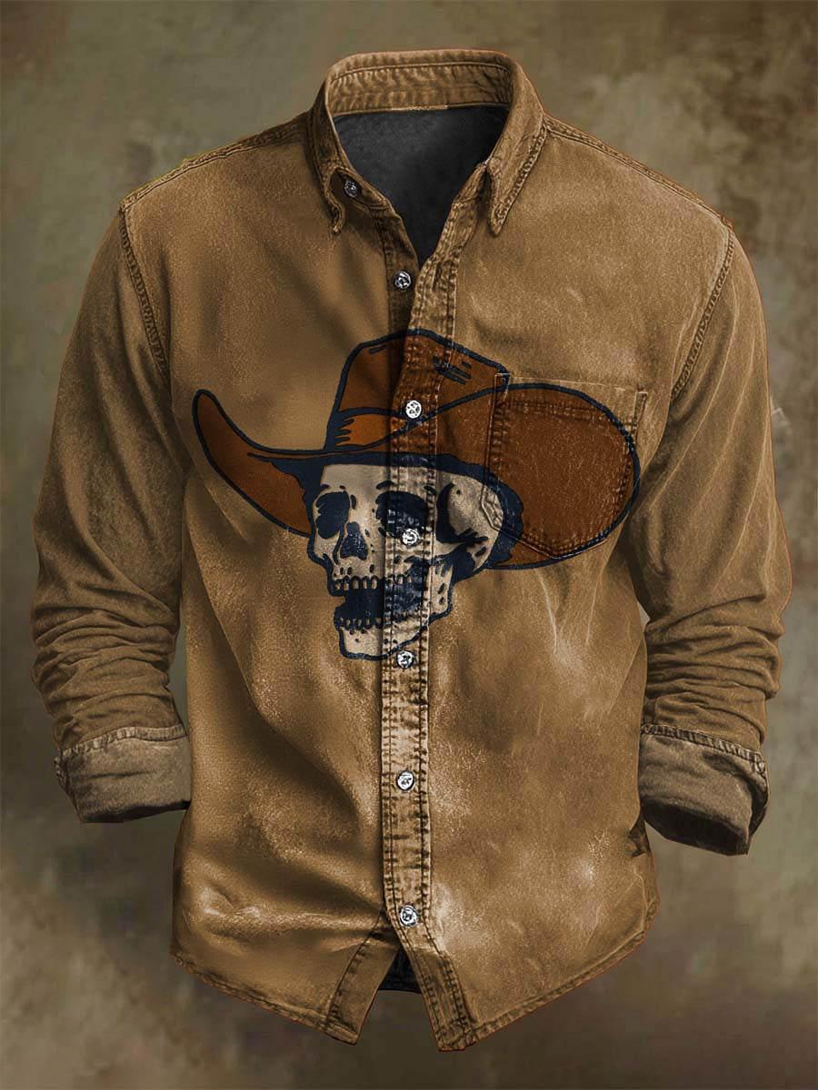 Chemise décontractée à manches longues avec motif de crâne western pour Halloween