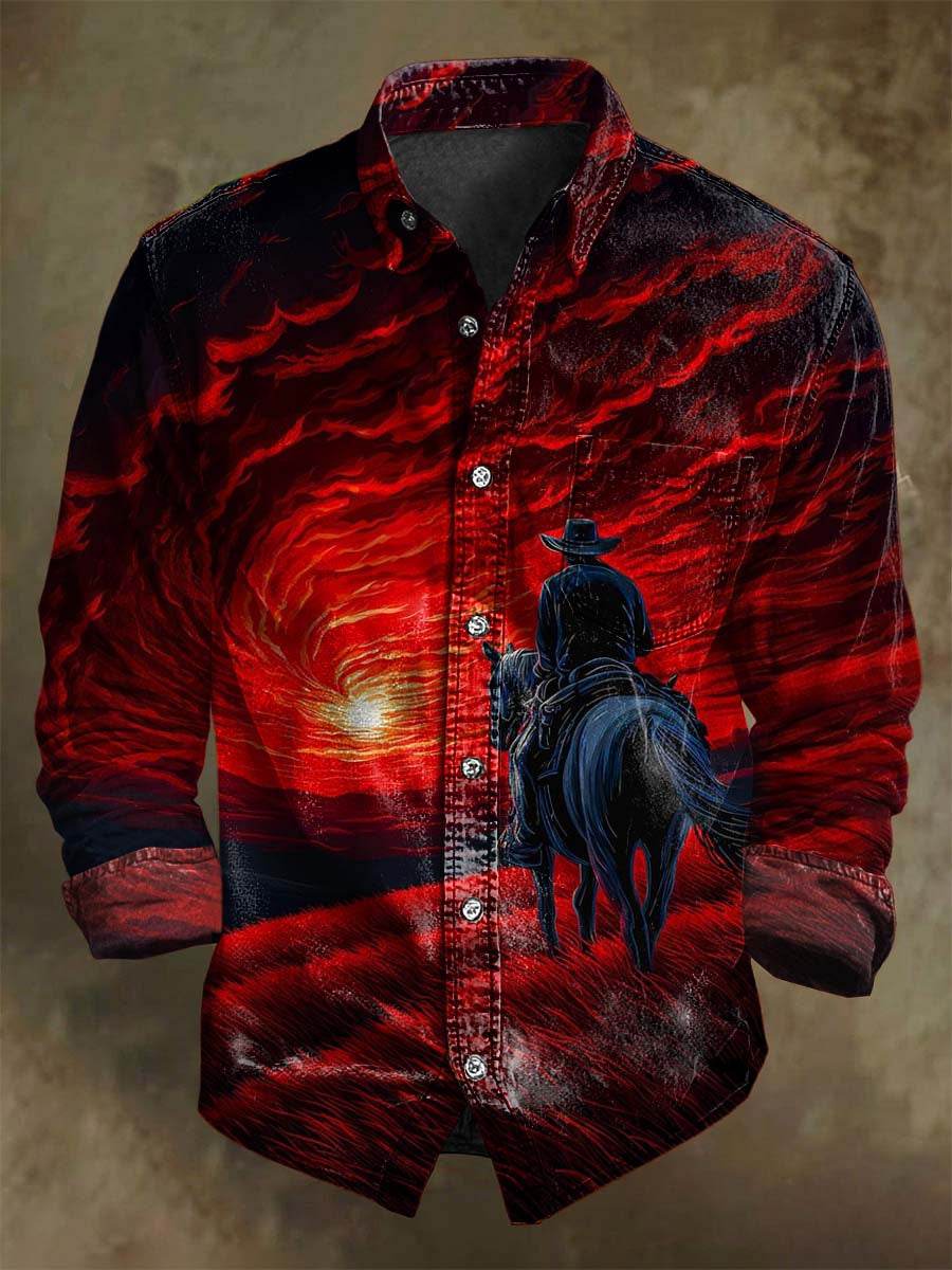 Chemise décontractée à manches longues imprimée cowboy western pour Halloween