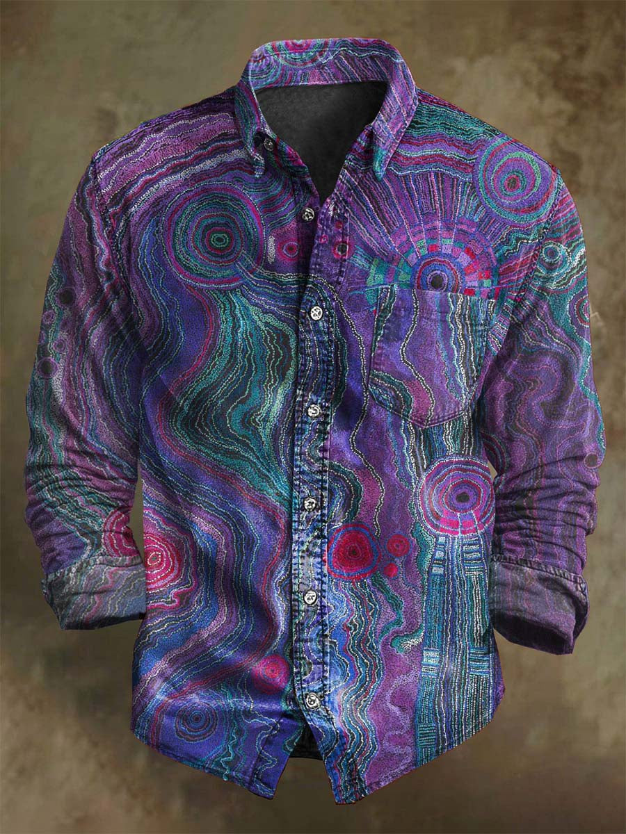 Chemise décontractée à manches longues avec motif rayé abstrait rétro