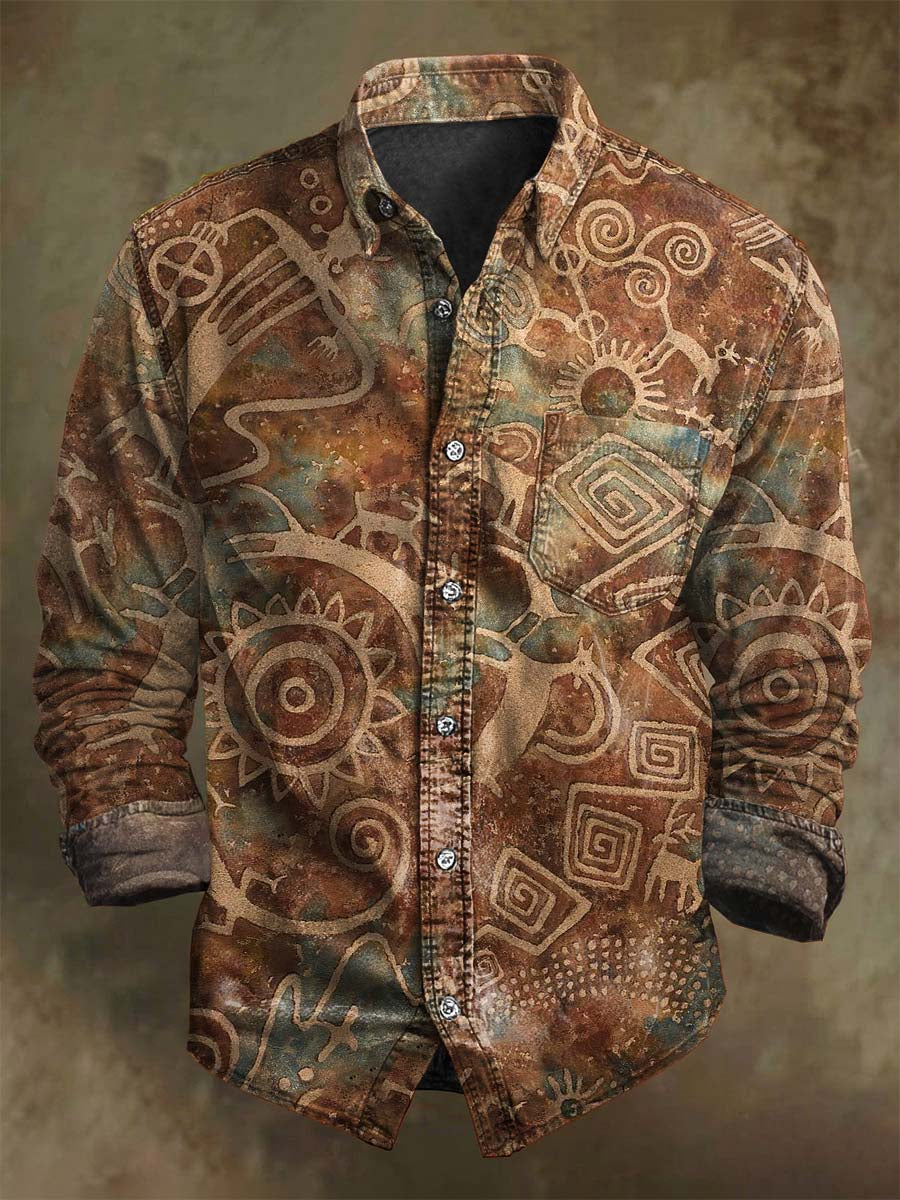Chemise décontractée à manches longues avec motif tribal vintage
