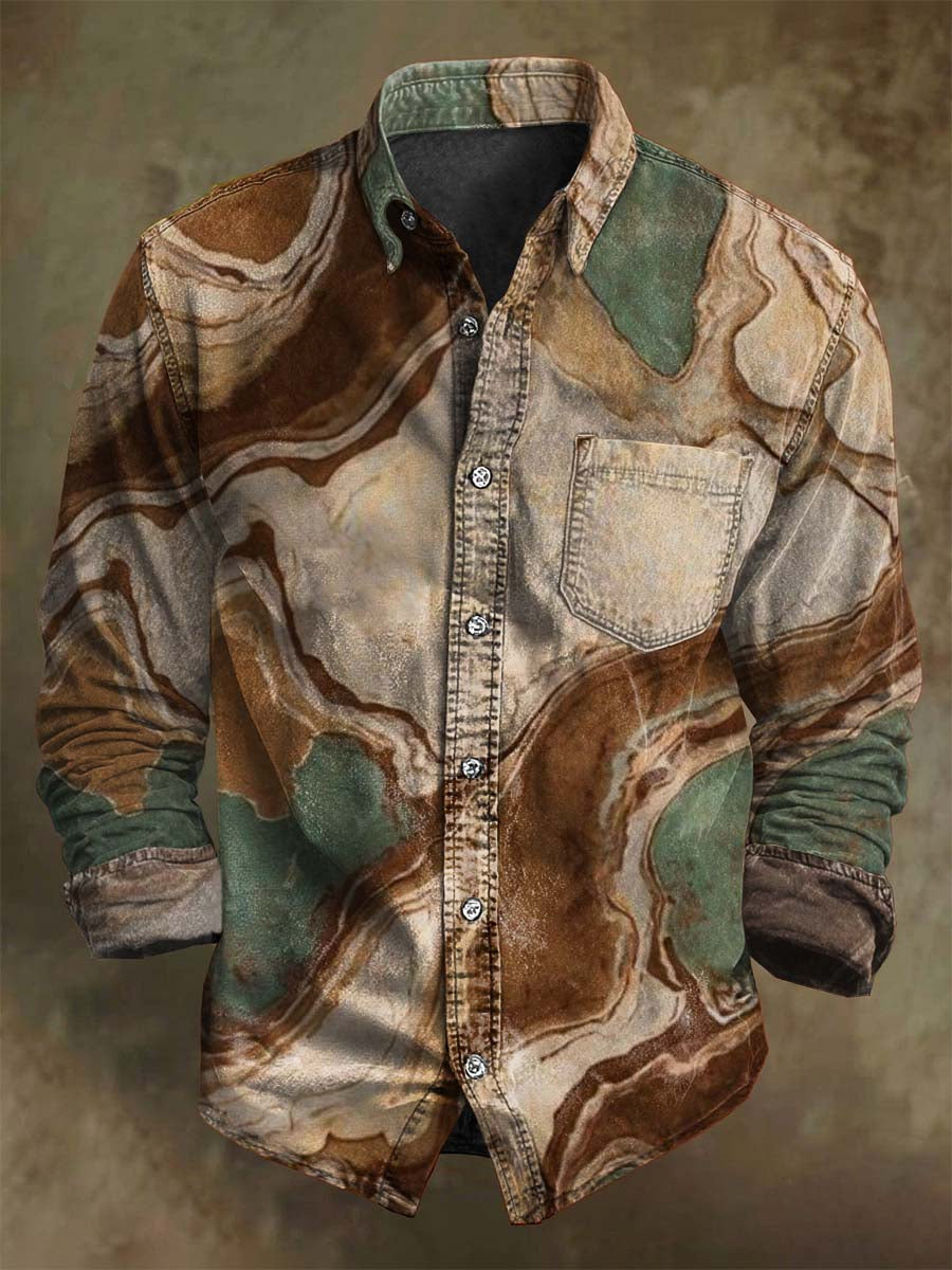 Chemise décontractée à manches longues avec motif marbré rétro