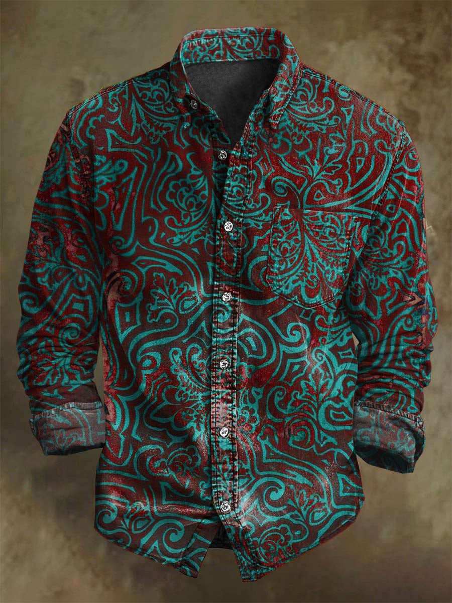 Chemise Longue à Manches avec Imprimé Floral Abstrait au Style Vintage