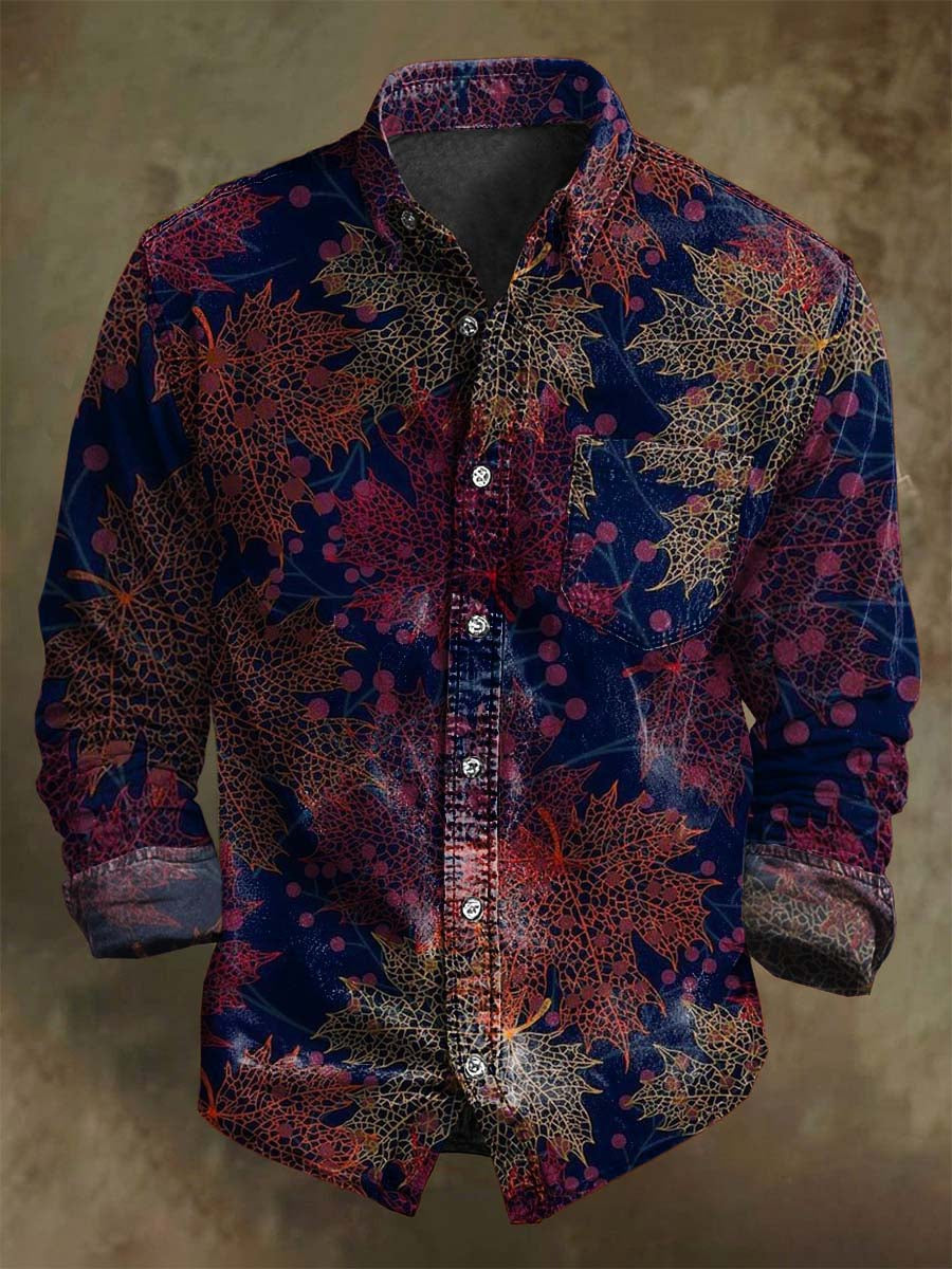 Chemise décontractée à manches longues avec motif vintage de feuilles d'automne
