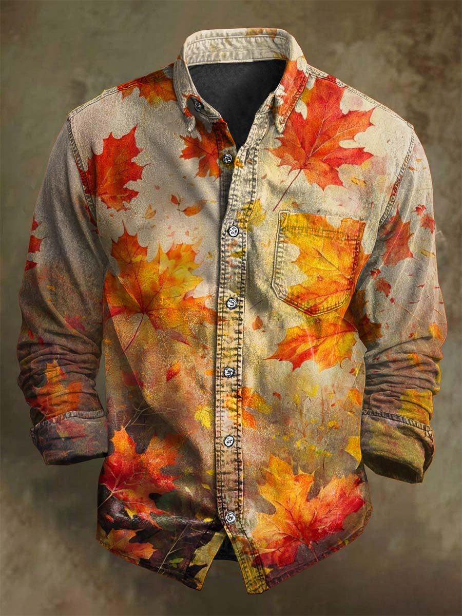 Chemise décontractée à manches longues avec motif vintage de feuillage automnal