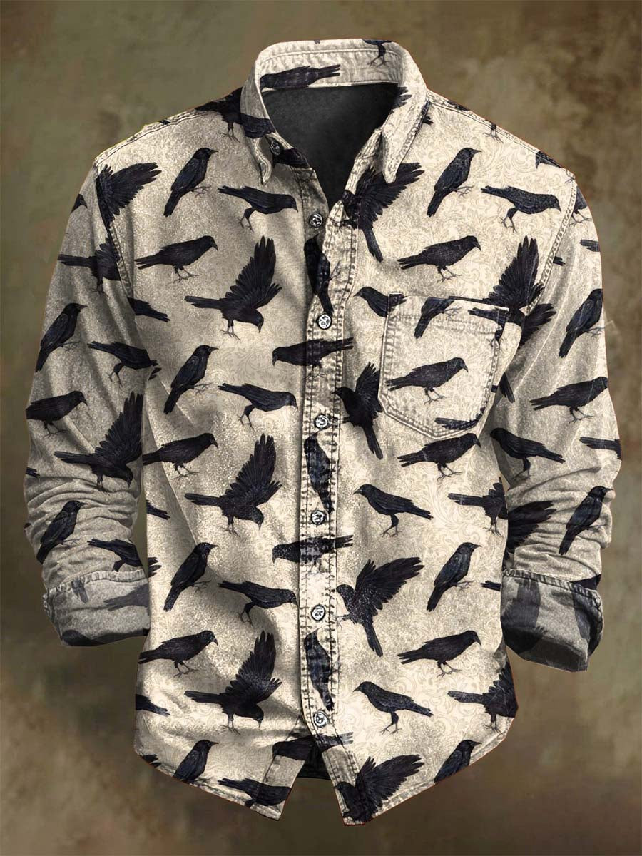 Chemise décontractée à manches longues avec motif de corbeau pour Halloween