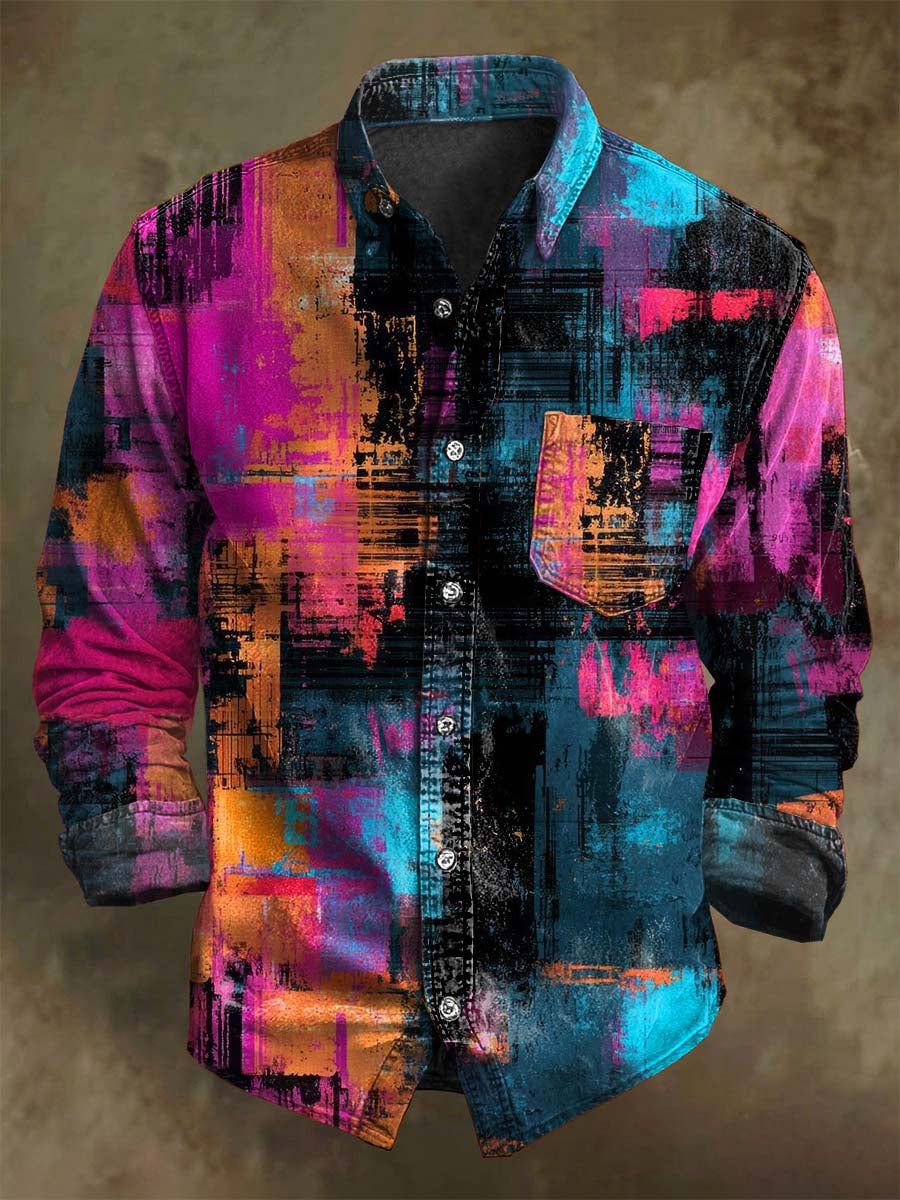 T-shirt long à manches décontractées avec motif artistique vintage Color Clash